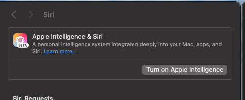 Siri settings page showing “Apple Intelligence & Siri” with a beta label. A “Turn on Apple Intelligence” button is present.